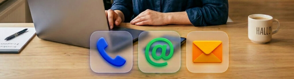 Eine Person arbeitet am Laptop an einem Schreibtisch. Im Vordergrund sind drei transparente Icons für Telefon, E-Mail und Briefumschlag eingeblendet.