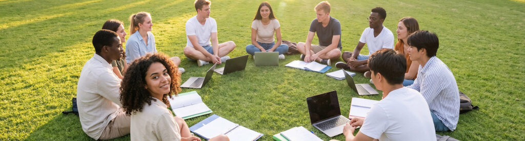 Eine Gruppe junger Menschen sitzt im Kreis auf einer Wiese und arbeitet gemeinsam mit Laptops und Notizblöcken.