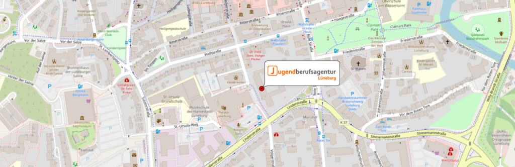 Ausschnitt einer Karte von Lüneburg auf der die Position der Jugendberufsagentur Lüneburg markiert ist.